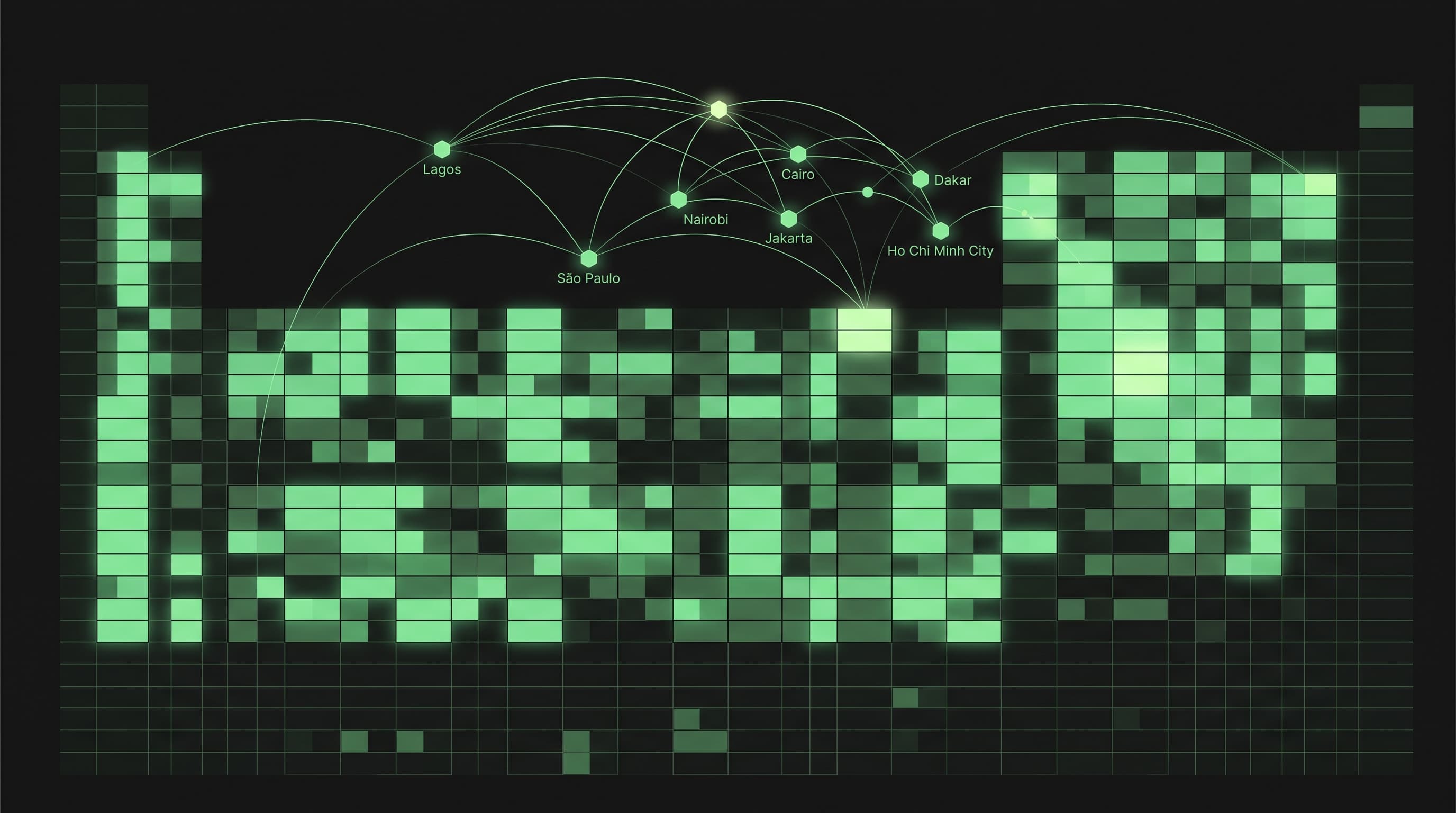 Abstract dark visualization of a global payment coverage matrix with green nodes connecting emerging-market payment rails.