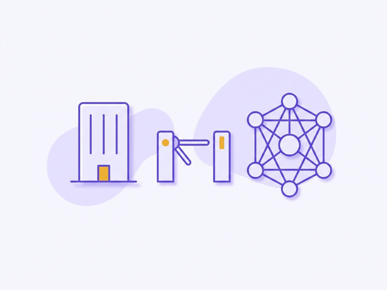 An abstract diagram of a corporate entity connecting to a national wallet network through a single checkpoint, in violet with one gold checkpoint on a lavender canvas.