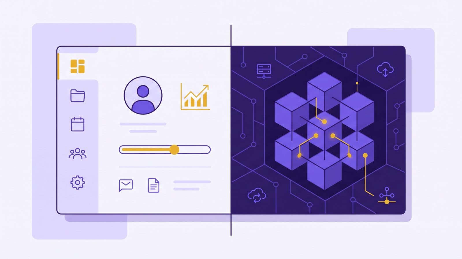 A split composition dividing a light branded interface panel from a deep violet infrastructure block