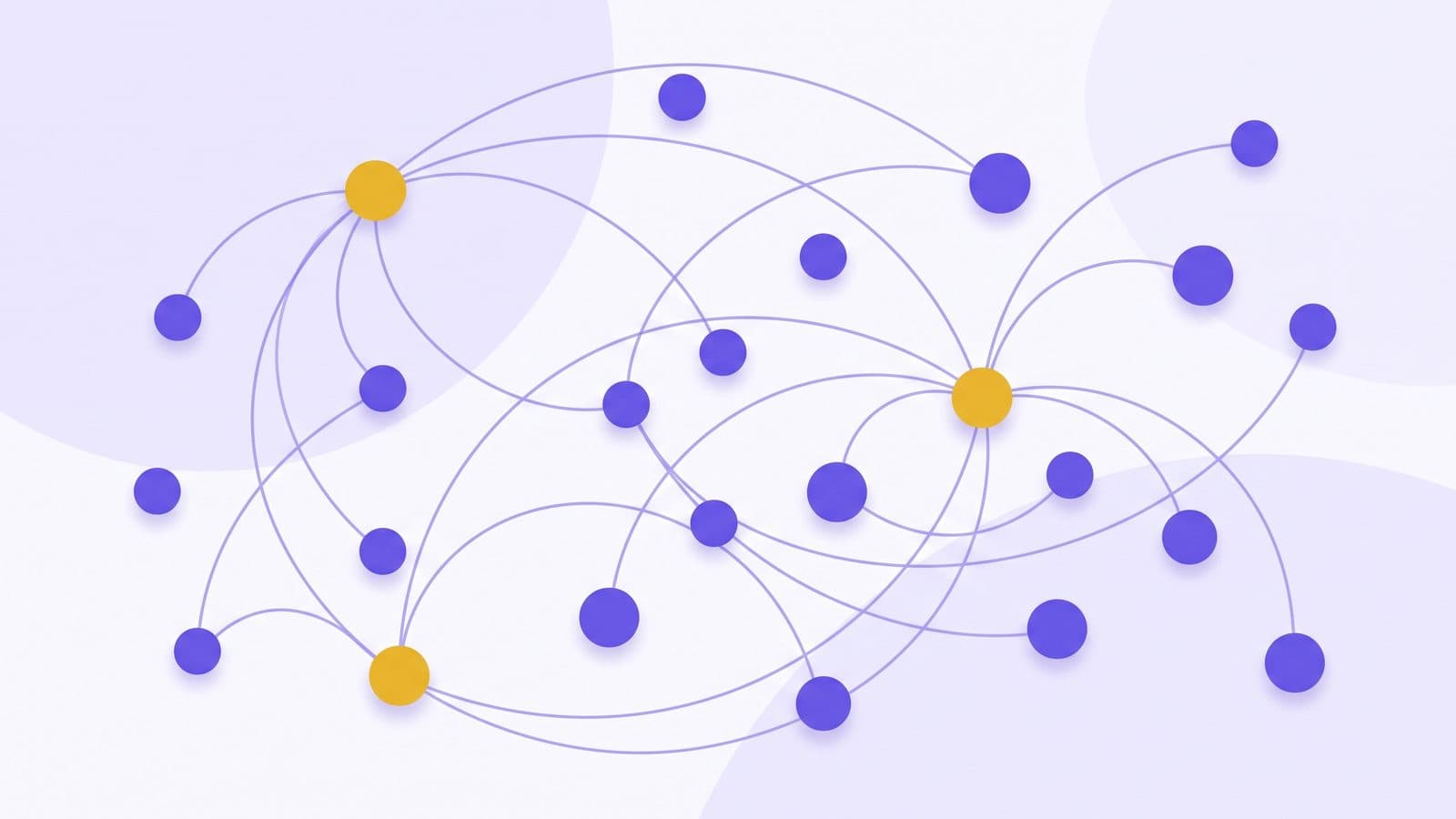 An abstract network of curved arcs connecting scattered nodes, three of them highlighted