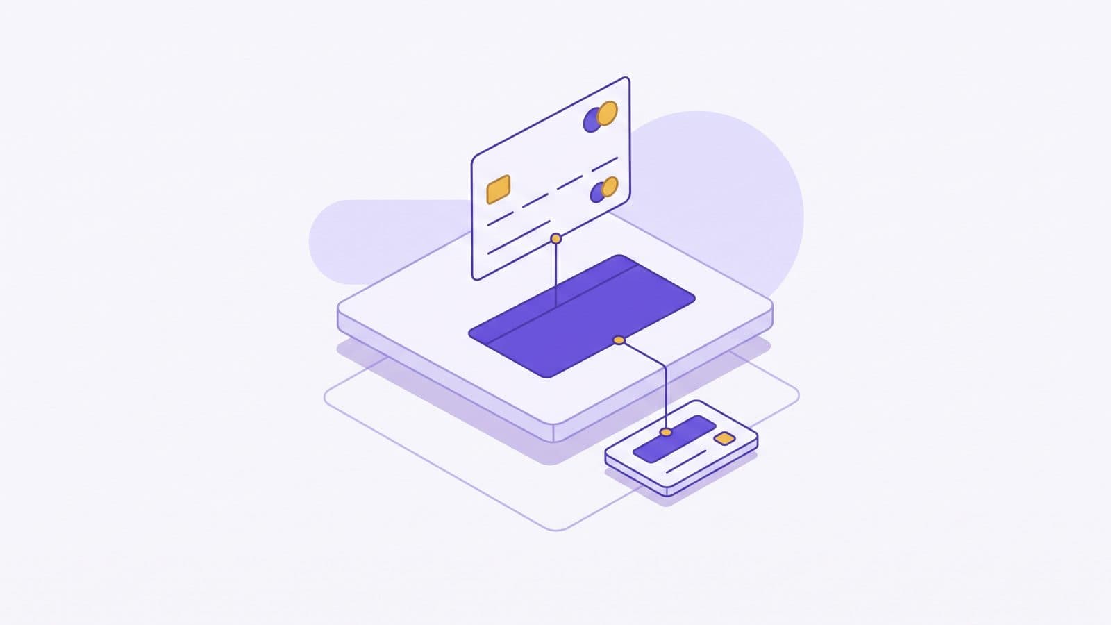 A branded checkout card floating above a layered infrastructure slab, connected by thin lines